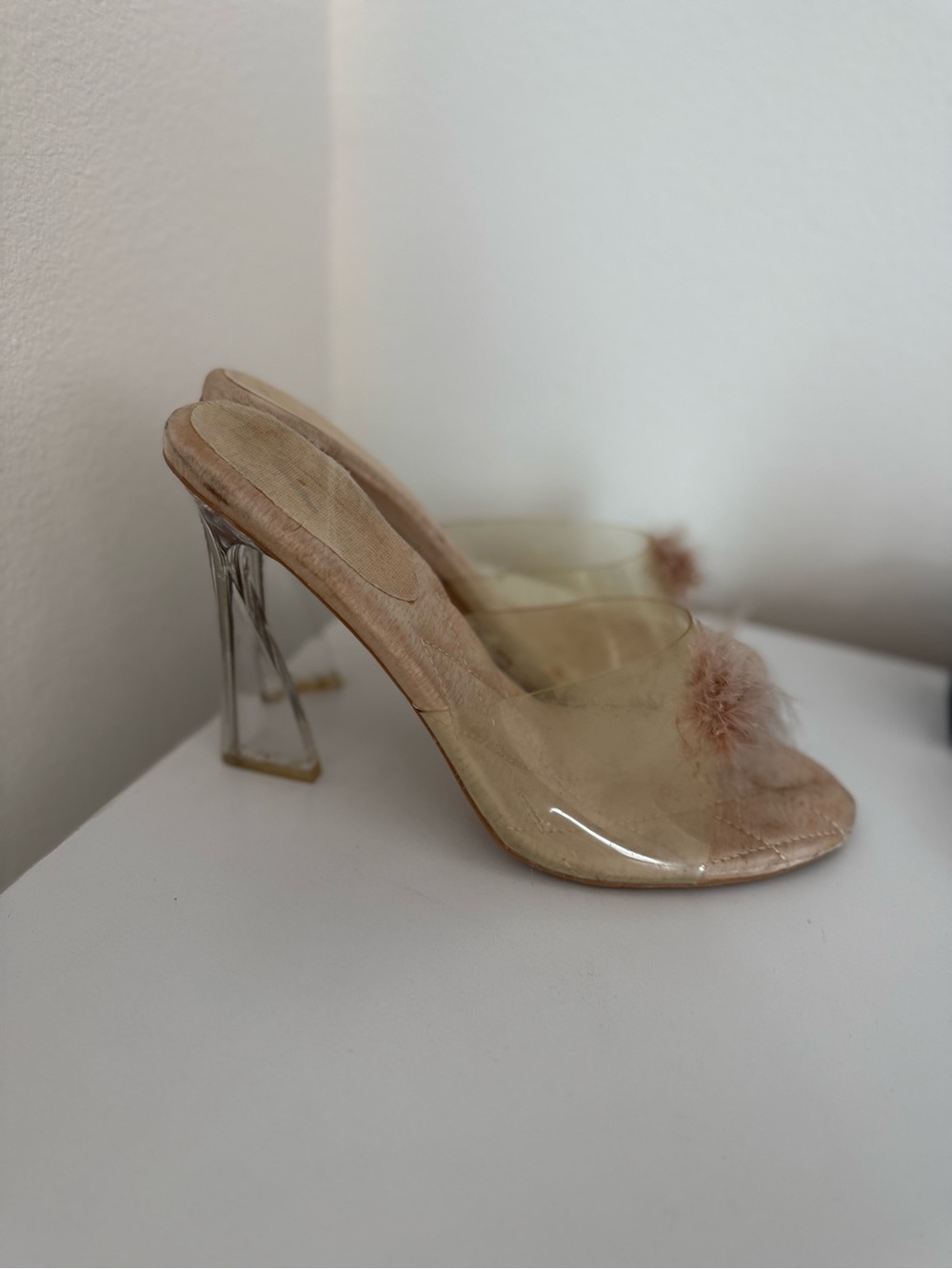 Clear Mule Heels with Nude Fur Accent 9